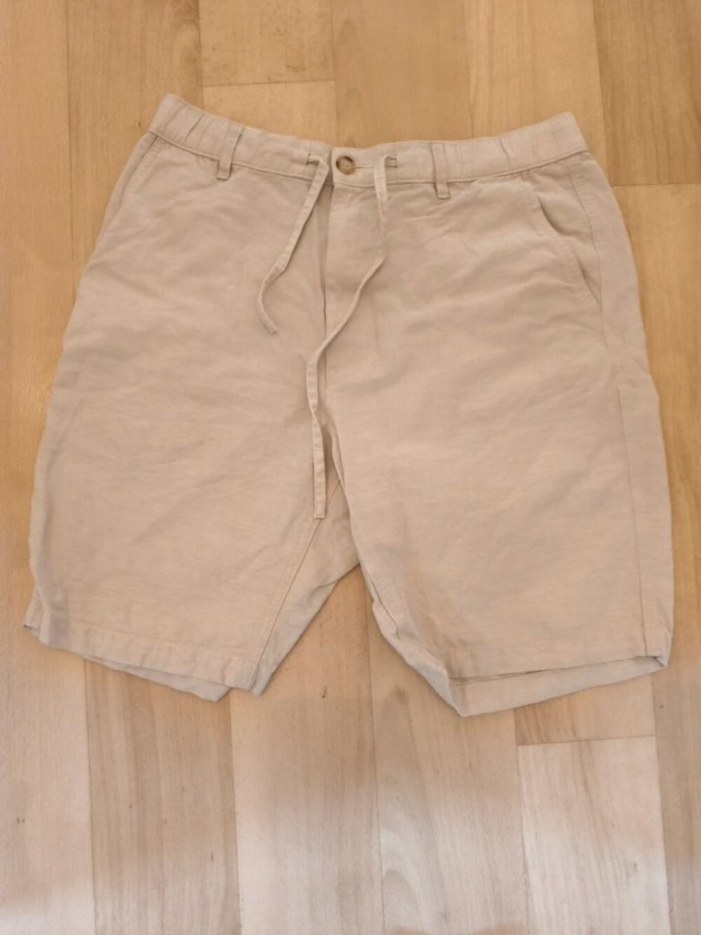 Beige Linen Drawstring Shorts M Relaxed Summer Fit